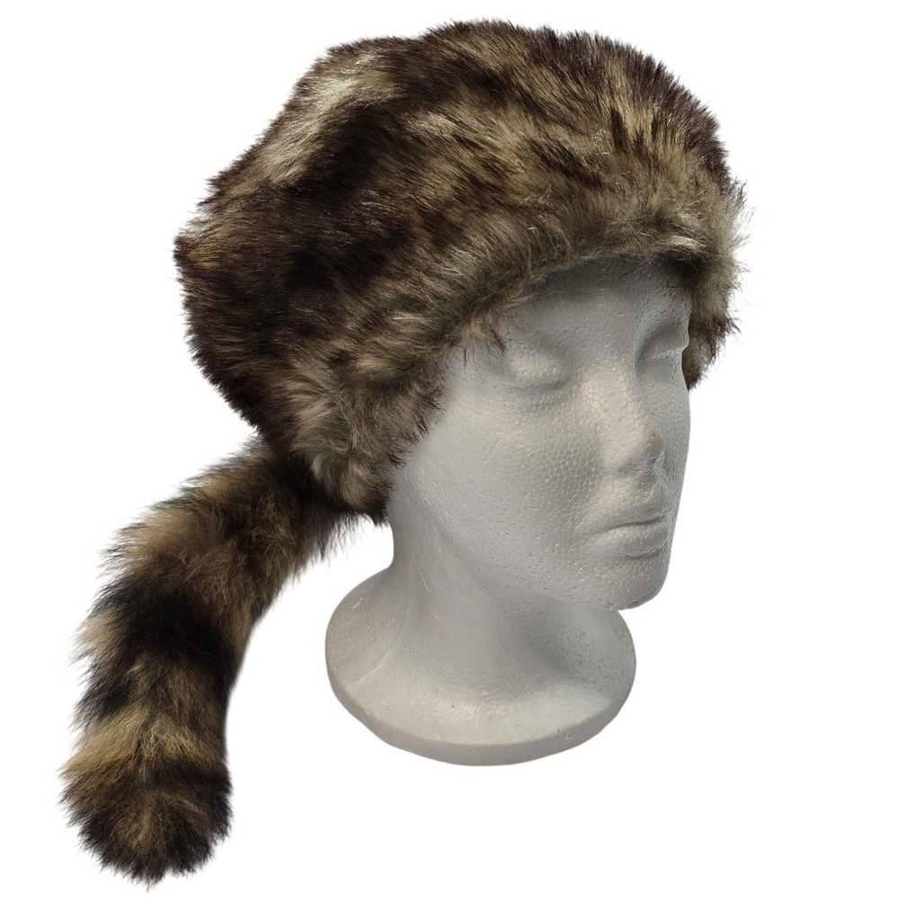 Faux Fur Coonskin Hat with Tail Brown Tan Striped XL Davy Crockett Style Cap